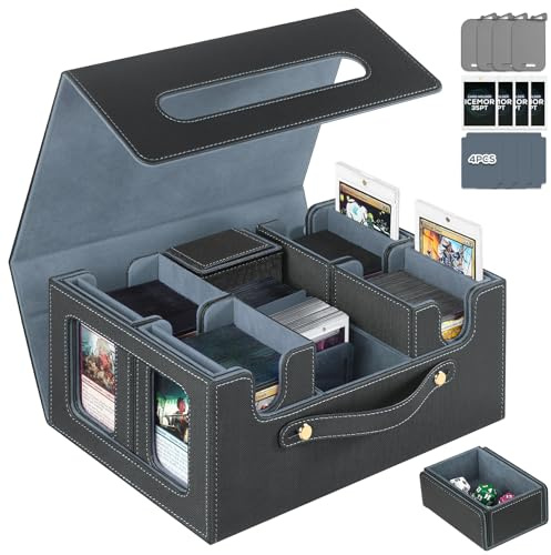 ICEMOR Karten AufbewahrungsBox für Griff,Commander Deck Box für MTG&TCG,Trading Card Storage Box mit 4 Toploader,4 Stopper,4 bunte Trennblätter.(Schwarz & Grau)