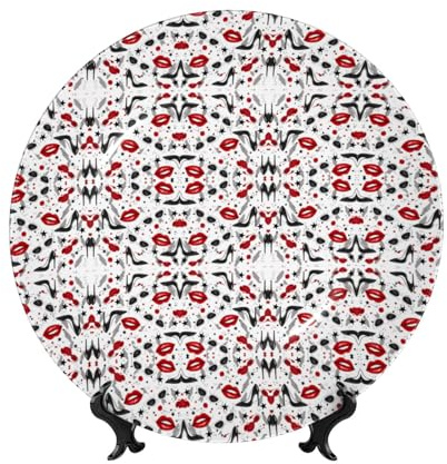 PHAYAH Bone China Decorative Plates with Stand Lips High Heels Pattern Round Display Plate for Kitchen Dining Room Wine Cabinet Home Decor 7in