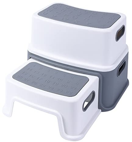Marche Pied Enfant avec 2 Pieds Antidérapants,Escabeau Multifonctionnel Vec Surface Texturée Alphanumérique,Réhausseur Enfant/Siège Rehausseur pour Chambres, Salles De Bains, Cuisines(Gris)