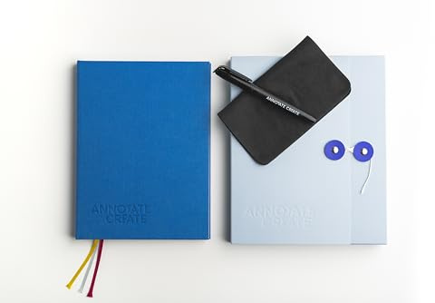 annotate create Nōto A5 Blue Hardcover Notebook with 192 Dot Grid Pages, 3 Ribbons & Built-In Whiteboard, Includes Dry-wipe Pen, Cloth & Re-usable Storage Folder (Pack of 1)