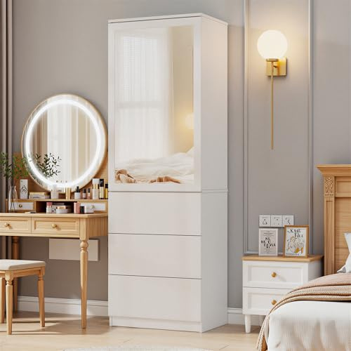 Kleiderschrank mit Spiegel Mehrzweckschrank mit 3 Einlegeböden & 3 Schubladen Garderobenschrank Klein Schlafzimmerschrank 50CM Breit Universalschrank SchmalerSchrank für Schlafzimmer Flur Arbeitszimme