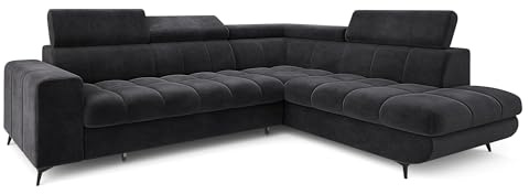 Masseno Ecksofa MORIVA R-S mit Schlaffunktion L-Form, Klassisch Sofa mit Bettkasten, Wohnzimmersofa, Couch, Soffa, Bettsofa, Couchgarnitur - Schwarz, Monolith 95