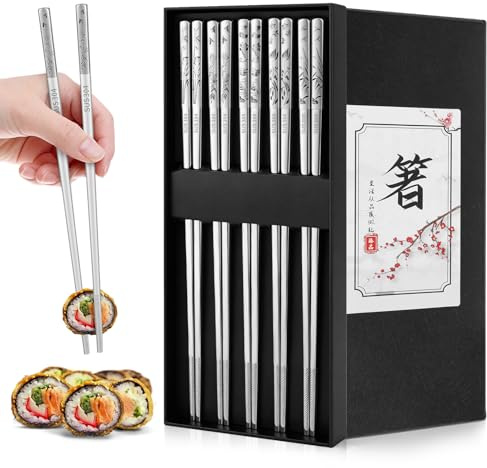 5Pairs Stainless Steel Chopsticks Metal Personalised Chopsticks Reusable | Dishwasher Safe Non-Slip Engraved Pattern Chop Sticks Chinese Chopsticks korean for Sushi Noodles Restaurants Homes 23CM