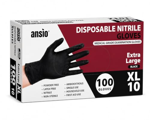 ANSIO Black Nitrile Latex Free Disposable Gloves Extra Large, 100 Pack | Powder Free, Food Safe, Touchscreen Compatible, Cleaning, Food Prep, Hair Dye & DIY