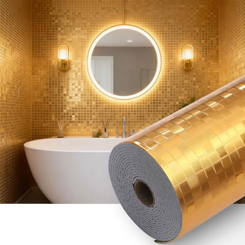 Takezuaa 4 Roll Klebefliesen 3D Mosaik, Mosaikfliesen Selbstklebend, Fliesenaufkleber Bad 40x300cm, Selbstklebende Fliesen Wasserdicht Wandfliesen Fliesenfolie für Badezimmer Küche - Gold