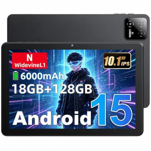Tablet 10 Pulgadas, Tableta Android 15, T30 0cta-Core, 18GB RAM + 128GB ROM | Ampliación TF de 1 TB, Pantalla HD IPS 1280x800, Cámara Dual 5MP + 8MP, 6000 mAh, WiFi 6, Widevine L1, GPS, BT 5.0, Gris