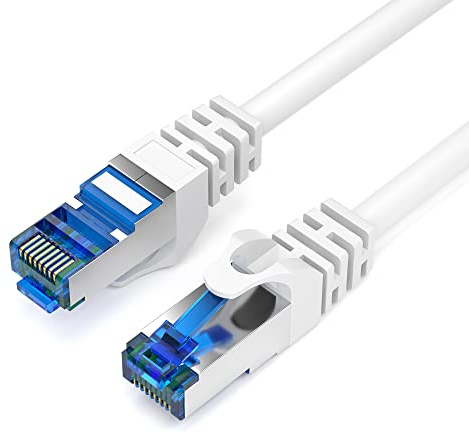 JAMEGA - 1m CAT 7 Netzwerkkabel Gigabit Ethernet Lan Kabel in weiß | 10000 Mbit s | Patchkabel Cat.7 Rohkabel S FTP PIMF Schirmung mit RJ45 Stecker | Switch Router Modem Access Point