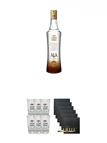 Yeni Raki ALA 0,7 Liter + Yeni Raki Shot Gläser 6er Set mit Eichstrich + Schiefer Glasuntersetzer eckig 6 x ca. 9,5 cm Durchmesser