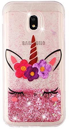 CUAgain Kompatibel für Samsung Galaxy J3 2017 Hülle Silikon Glitzer Flüssig 3D Transparent Wasser Hüllen Durchsichtig Bling Bumper Handyhülle Case Cover Mädchen Damen,Rosa Einhorn