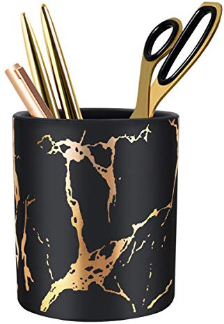 WAVEYU Stifthalter für Mädchen, Ständer für Schreibtisch, Marmormuster, Bleistiftbecher für Kinder, Keramik-Schreibtisch-Organizer, Zuhause, schwarz-goldener Marmor