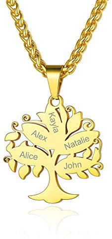 Custom4U Collier Personnalisé 5 Prénoms, Pendentif Arbre de Vie Plaqué Or en Acier Inoxydable,Bijoux Gravé Noms de Famille,Enfants,Chaine Ajustable 55+5 cm,Cadeau Anniversaire Femme Maman,Grand Mère