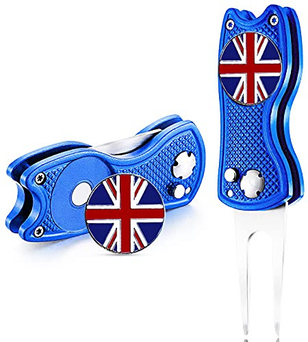 FINGER TEN Golf Divot Repair Tool with Ball Marker Value 2 Pack, Stainless Steel Magnetic Marker Color Red Blue Black Foldable Portable Gifts for Men Women Golfer (Blue Cat-2 Pack)