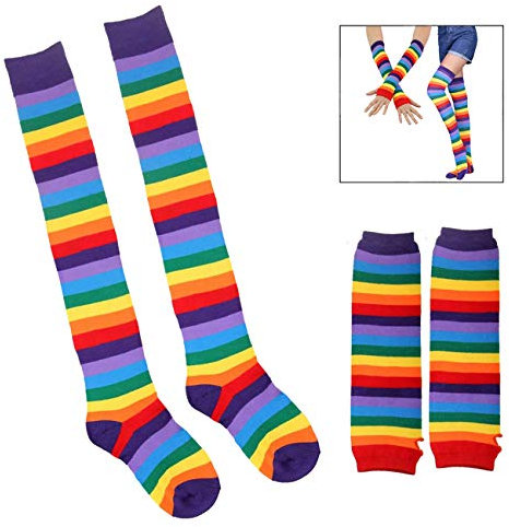 XLKJ Kniestrümpfe Regenbogen Streifen Arm Wärmer Lange Fingerlose Handschuhe Hohe Socken Set für Frauen Mädchen