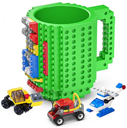 DAYMOO Build on Brick Mug, Cool Coffee Mugs for Kids, Creative Novelty Building Block Cups, Funny Coffee Mug Gift for Men Adults Women Xmas Christmas - Green