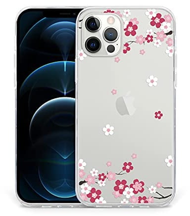 Sephonie Cherry Blossom Flower Case for iPhone 12/12 Pro (6.1), Sakura Floral Pattern Clear Slim Girly Design, Protective Hard PC Back with Shockproof Soft TPU Bumper Cover for Girls & Women | Pink