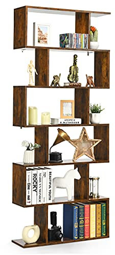 GIANTEX Libreria a Forma di S, Scaffale con 6 ripiani, Libreria in Legno a 6 Livelli, Scaffale per Libri, Libreria Multifunzionale, con Design di Antiribaltamento, 80 x 23 x 191 cm (Marrone)