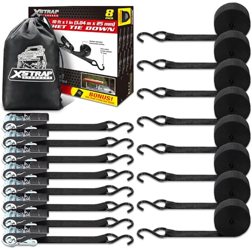 XSTRAP STANDARD Ratchet Tie Down Straps 8PK 1'' x 10 ft - 900 LB Break Strength Cargo Straps for Moving Appliances, Lawn Equipment, Motorcycle (Black)