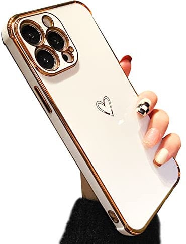 ZTOFERA Compatible with iPhone 13 Pro Max (6.7) Case for Girls Women, Flexible Silicone Phone Case with Cute Heart Pattern Golden Edging Shockproof Protective Bumper Cover, White