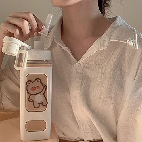Asslye Bouteille d'eau carrée de 700 ml avec paille, grande bouteille d'eau Kawaii pour fille, tasse à eau mignonne pour jus, thé, eau