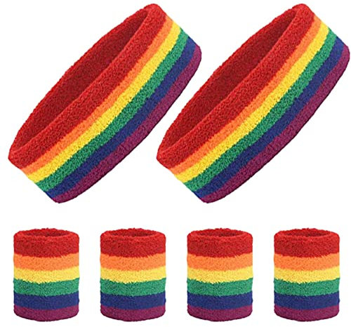 LAMEK 6Stk 80er Jahre Schweißbänder Set Neon Stirnband Absorbierendes Sportstirnband mit Regenbogen Armband Pride Party Accessoires für Damen Herren LGBTQ Schwulenparade Karneval