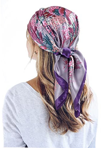QBSM Grand foulard carré en satin de 99,1 cm pour femme - Sensation de soie - Pour dormir les cheveux - Léger, Fleurs violettes, Large