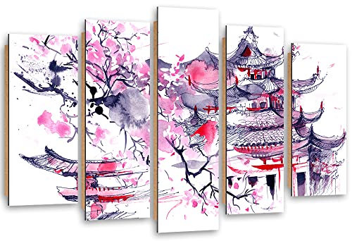 Feeby Dekobild 5 Paneele 200x100 cm Japan Blühender Kirschbaum Pagode Wanddekoration Kunstdruck Zimmerdeko Bilderwand Asien Orientalisch Osten Rosa