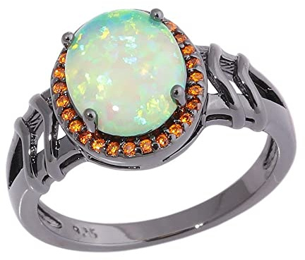 JSFJOFO Großer Runder Grüner Feueropal Stein Ringe Schwarzgold Barock Ring Orange Granat Ethnischer Stamm Vintage Schmuck Geschenk Männer Frauen