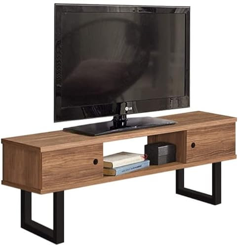 HOGAR24 ES Mesa televisión, Mueble TV Salón Diseño Industrial-Vintage, 2 Puertas y Estante, Madera Maciza Natural y Patas Negro. Medidas: 110 cm x 40 cm x 30 cm