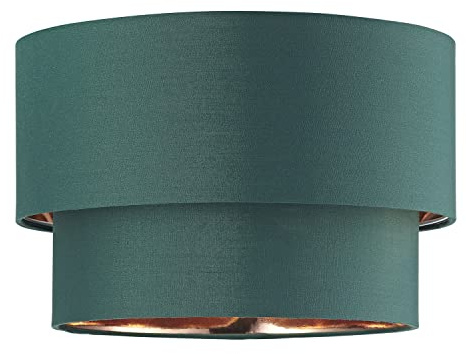 Modern and Trendy Forest Green Cotton Fabric Double Tier Design Ceiling Pendant Lamp Shade with Shiny Copper Inner | 20cm x 30cm by Happy Homewares