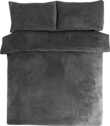 Teddy Fleece Duvet Sets – Super Soft Warm Quilt Cozy Fluffy Bedding Fleece with Pillow Cover Bed Size Single Double King Super King Home linen Accessories Bedding Set (Charcoal, King)