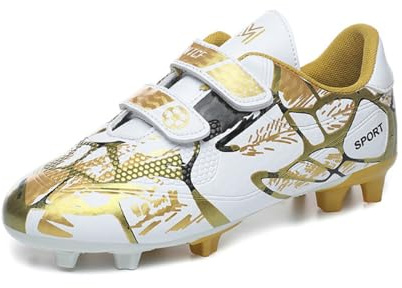 Agnueuty Fußballschuhe mit Stollen für Jungen Mädchen Athletics Football Schuhe Laceless Leichtathletik Trainingsschuhe Unisex Kinder,Gold,EU36