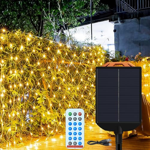 AufuN Solar LED Lichternetz 6x2M, Timer 13 Modi Fernbedienung Wasserdicht Lichterkette Außen Innen Mesh Lichtervorhang für Gartendeko Balkon Hochzeit Weihnachten Innen - Warmweiß