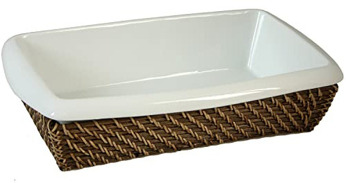 DRW Set de 2 Fuentes de Horno Porcelana con Soporte de Mimbre
