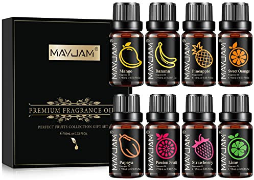 MAYJAM Coffret Huile de Parfumée Fruitées 8 X 10ml, Huiles Parfumées Fruitées Pour Huiles Essentielles Diffuseur - Orange Douce, Fraise, Mangue, Ananas, Papaye, Lime, Banane, Maracuja