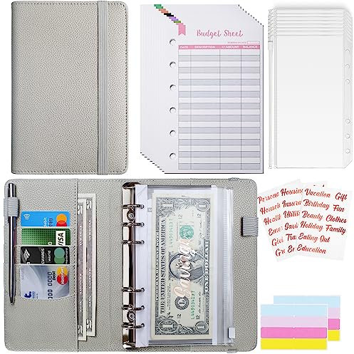 Mymazn Budget Planner A6, Haushaltsbuch Budget Binder Budgetplaner A6 PU Leder Geld Organizer Sparen, Cash Stuffing Haushaltsbuch mit Geldfacher, Budgetplaner Sparbuch (Grau)