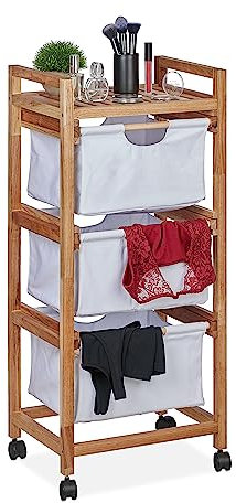 Relaxdays Badregal mit Wäschekorb, 1 offene Ablage & 3 Stoffkörbe, HBT: 96x43,5x33,5 cm, Standregal Walnuss, Natur/weiß