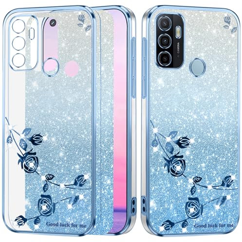 Yarxiawin Kompatibel mit Oppo A53s 4G hülle Silikon Glitzer Blumen, Handyhülle Oppo A53 2020 hülle Glitzer Muster, Schutzhülle Oppo A53s hülle Transparent Motiv Clear Case (Blau)