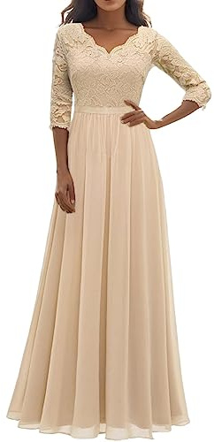 Damen Elegant Chiffon Spitzenkleid 3/4 Ärmel Hohe Taille Brautjungfernkleid Abendkleider Elegant für Hochzeit Chiffon Langes Kleid Abendkleid Ballkleider Damen Lang Maxikleid Spitzen Cocktailkeid