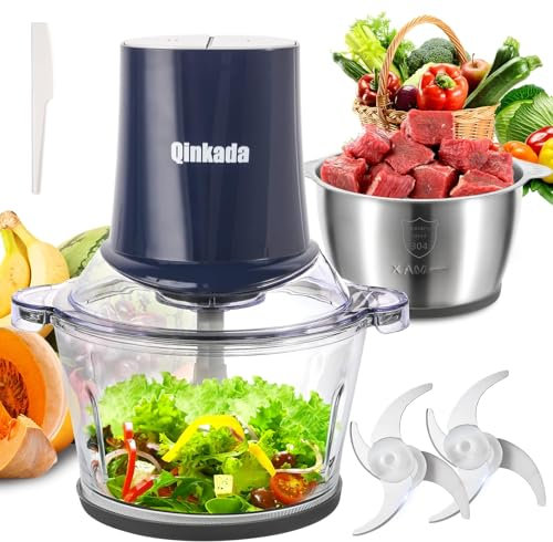 Qinkada Food Processors with 2 Bowls, 500W Meat Grinder, Food Chopper Electric, 2 Speed, 2.5L Glass and 2.5L 304 Stainless Steel, 2 Blades, Spatula