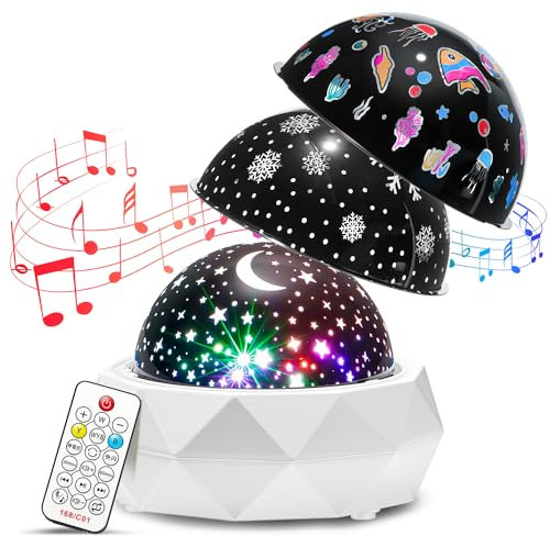 Night Light for Kids Projector+12 Lullabies+3 Films+144 Lightings, USB Rechargeable+Remote Kids Night Light Projector for Kids Room,360° Rotating Stars for Ceiling Projector Baby Night Light Projector
