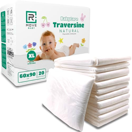 R MOVE 20 skötunderlägg för baby, 60 x 90 cm, XL, hygieniska underlägg, natur, engångsblöjor för barn, mjuka naturfibrer, superabsorberande