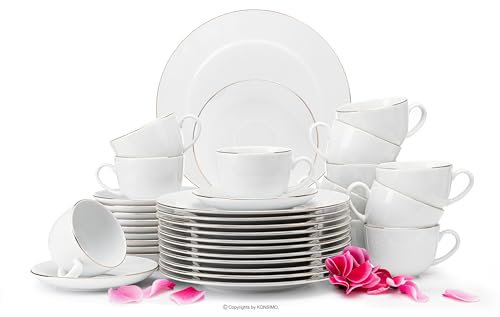 Konsimo Kaffeeservice für 12 Personen aus Hartporzellan - 12er Set - MUSCARI Espressotasse 200 ml Untertasse und Dessertteller (36-TLG) - Goldlinie