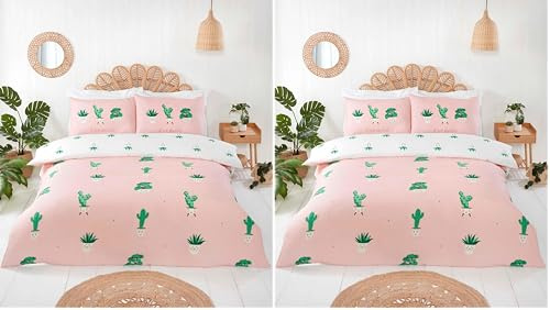 Rapport Home Microfibre Pink Pastel Single Bedding Set - Reversible Cactus Print Duvet Cover Set (Pack of 2)
