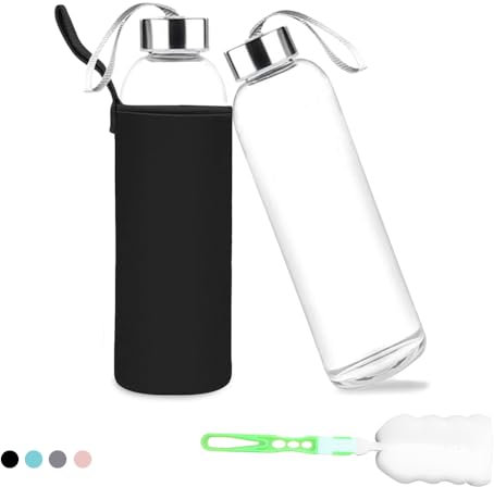 Voarge Botella de cristal sin BPA, botella clásica con bolsa de nailon, para viajes, deporte, botella de cristal, botella de agua (negro, 750 ml)