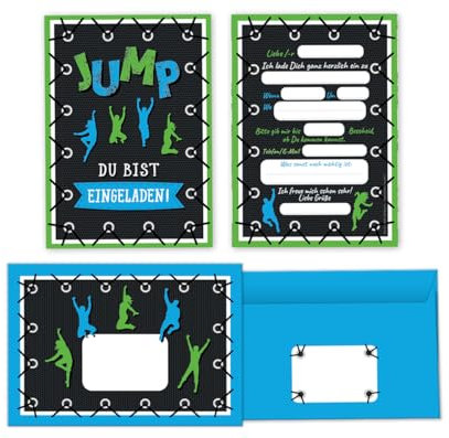 Minkocards 12 Einladungskarten Kindergeburtstag Jungen Mädchen Jump Trampolin incl. 12 Umschläge Einladungen Jungsgeburtstag Mädchengeburtstag