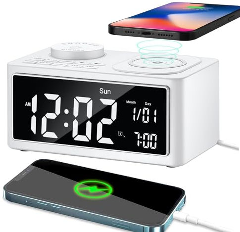 Coraltree Multifunctional Radio Alarm Clock with Wireless Charging - Bluetooth Speaker, Dual Alarm Clock with Snooze, FM Radio, USB Charging Station (Black)