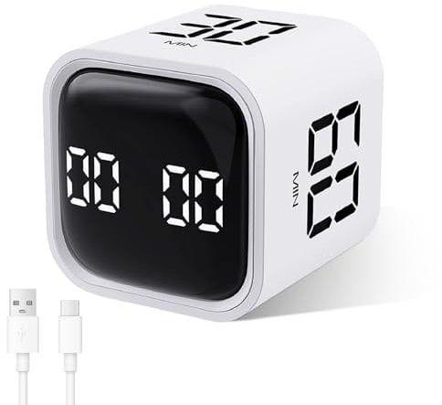 Cuteefun Pomodoro Timer, Drehbarer Cube Timer, 5/10/30/60 Minuten & Countdown, Digitale Eieruhr mit Vibration, Kurzzeitwecker mit Einstellbarem Ton für Kinder, Küche, Sport, Studium, Arbeit, Weiß