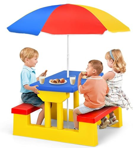 GOPLUS Table Pique-Nique Enfant, Table Enfant Extérieure avec Parasol Amovible, Salon de Jardin en PP, Banc Enfant pour Terrasse,Patio, Balcon (Bleu+Rouge+Jaune)