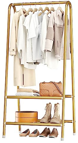 JOISCOPE Portant a Vetement avec une Tringle à Vêtements et Étagère à 2 Couches, Multifonctionnel PorteManteau en Métal à structure en A, Porte Vetement pour Chambre, 157.5 * 62 * 35 cm, Or