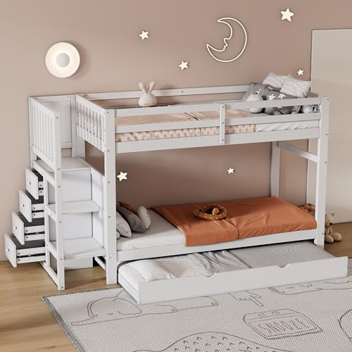 KecDuey Etagenbett 90x200cm, DREI Schlafplätze,Kinderbett mit ausziehbares Bett 90x190cm, Vier Schubladen, stabiles Holzbett, sichere Treppenstufen, minimalistisches Design, stabiles Geländer, weiß